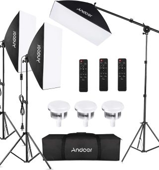 Andoer Softbox Photography Lighting Kit Professional Studio Equipment with 20"x28" Softbox, 2800-5700K 85W Bi-Color Temperature Bulb with Remote, Light Stand, Boom Arm for Portrait Product Shooting
