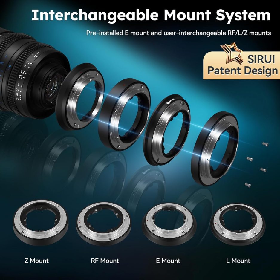 SIRUI VP-1 Vision Prime 1 T1.4 Full Frame Cine Lens, 24mm Manual Focus Cinema Lens with Pre-Installed E Mount, Interchangeable RF/Z/L Mounts (Black) - Image 3