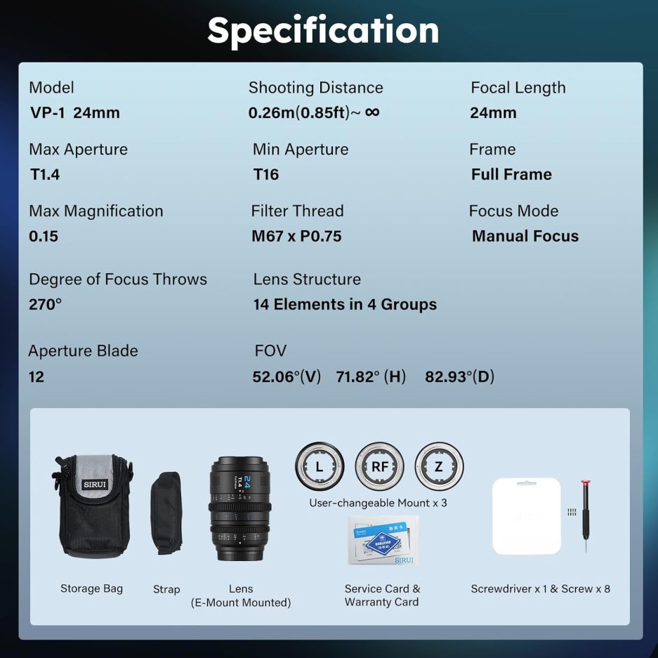 SIRUI VP-1 Vision Prime 1 T1.4 Full Frame Cine Lens, 24mm Manual Focus Cinema Lens with Pre-Installed E Mount, Interchangeable RF/Z/L Mounts (Black) - Image 9