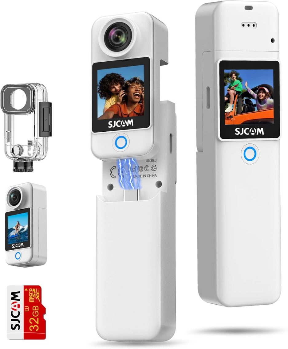SJCAM C300 POV Pocket Camera 4K,7H Power, 6-Axis Stabilization Action Camera,Dual-Touch Screen Body Camera,30M Waterproof Body Cam for Vlogging and Live Streaming,with Helmet Mount Kits,White,Gifts
