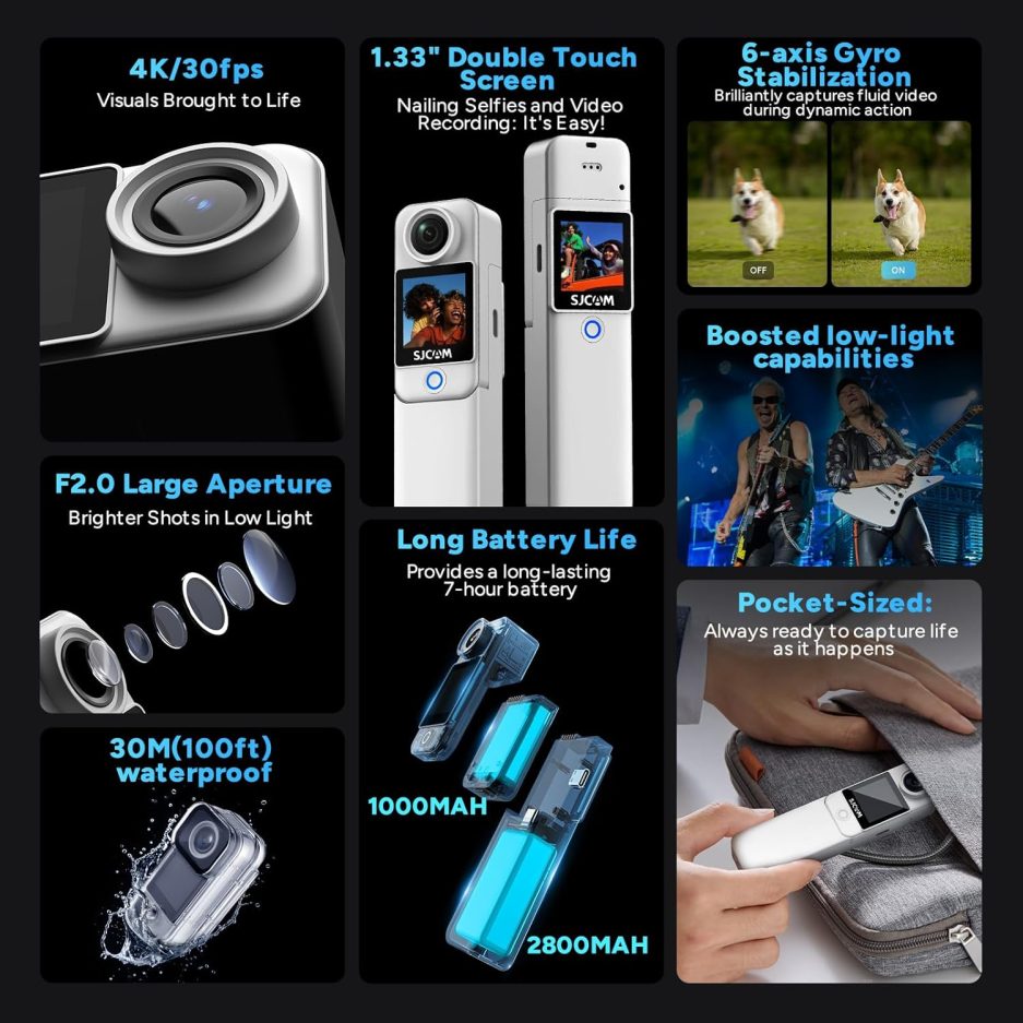 SJCAM C300 POV Pocket Camera 4K,7H Power, 6-Axis Stabilization Action Camera,Dual-Touch Screen Body Camera,30M Waterproof Body Cam for Vlogging and Live Streaming,with Helmet Mount Kits,White,Gifts - Image 3